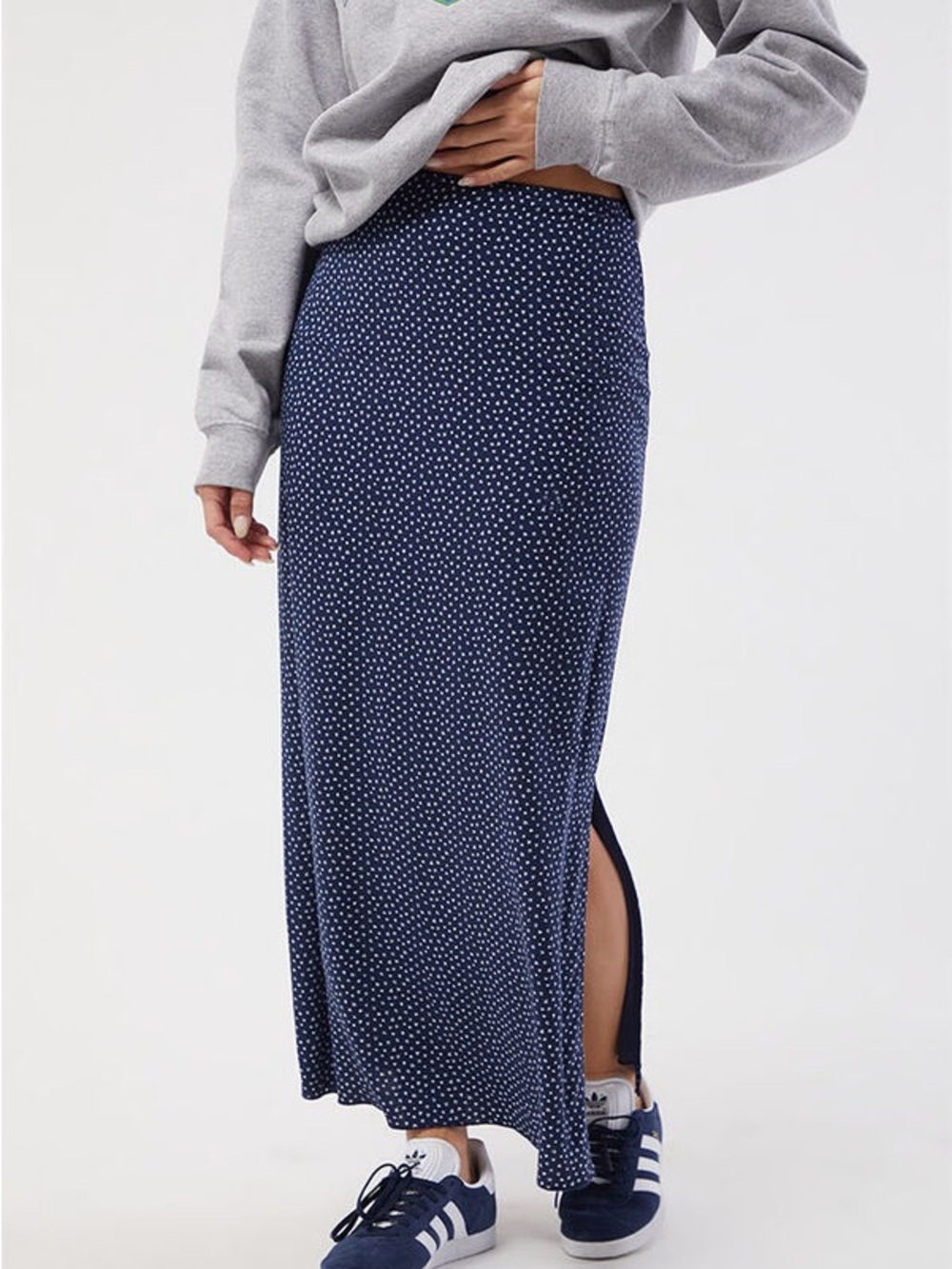 La Hearts Navy Polka Dot Midi Skirt